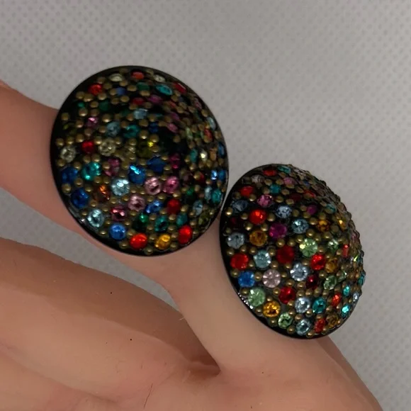 Vintage Multi-Color Rhinestone Cluster Clip-On Statement Earrings - Picture 8 of 10